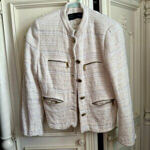 Zara classic cream boucle button up blazer w/ zipper accents, women's size large